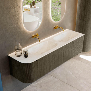 Ensemble de meuble de salle de bain Mondiaz KURVE-DLUX - 165x46x40cm - 2 tiroirs - 1 porte - lavabo en solid surface - double / droite - sans trou de robinet - Shadow