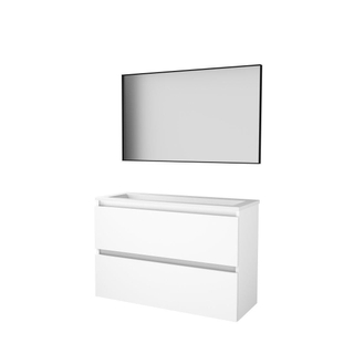 Basic-Line ensemble meuble de salle de bain 100x39cm sans poignée 2 tiroirs lavabo acrylique 0 trous de robinetterie miroir noir mat cadre aluminium autour du mdf laqué blanc glacier