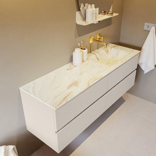 Mondiaz VICA-DLUX ensemble de meuble de salle de bain - 150cm - meuble sous-vasque lin - 4 tiroirs - lavabo encastrée cloud droite - sans trous de robinet - version haute de 60cm - frape