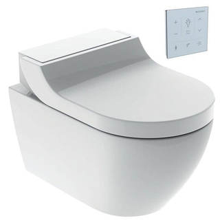 Geberit AquaClean Tuma WC japonais suspendu blanc avec plaque décorative verre et panneau de commande mural blanc