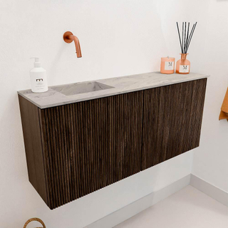 Mondiaz JOYA-DLUX 90cm meuble de toilette - couleur Walnut - Vasque FAYE position Gauche Sans trou de robinet couleur Glace.