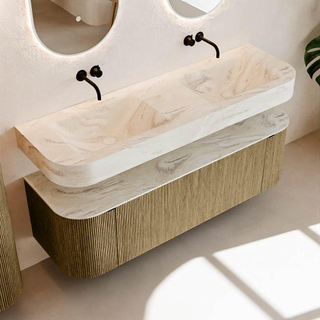 MONDIAZ THOR-DLUX 150cm meuble de salle de bains arrondi gauche + droite couleur Dusk avec 1 tiroir et 2 portes. Vasque suspendue CLOUD Double sans trou de robinet couleur Ostra.