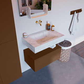 Mondiaz ALAN-DLUX Ensemble de meuble - 70cm - meuble Rust mat - 1 tiroir - Lavabo Cloud Opalo suspendu - vasque Centre - 0 trous de robinet