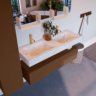Mondiaz ALAN-DLUX Ensemble de meuble - 130cm - meuble Rust mat - 1 tiroir - Lavabo Cloud Opalo suspendu - vasque Gauche et droite - 2 trous de robinet