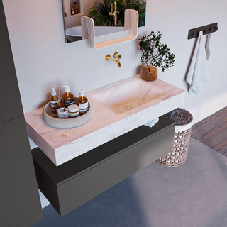 Mondiaz ALAN-DLUX Ensemble de meuble - 110cm - meuble Dark grey mat - 1 tiroir - Lavabo Cloud Ostra suspendu - vasque Droite - 0 trous de robinet
