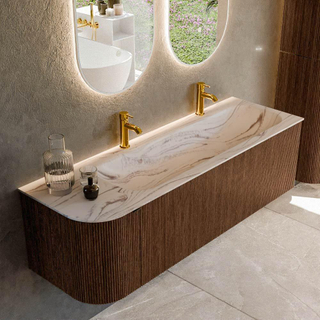 MONDIAZ KURVE-DLUX 145cm badmeubel ronding Links kleur Walnut met 1 lade en 1 deur. Wastafel BIG LARGE Rechts 2 kraangaten Nata.