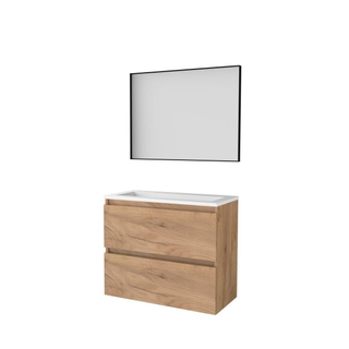 Basic-Line ensemble de meubles de salle de bains 80x39cm sans poignée 2 tiroirs lavabo acrylique 0 trous de robinetterie miroir cadre aluminium noir mat tout autour mfc whisky oak