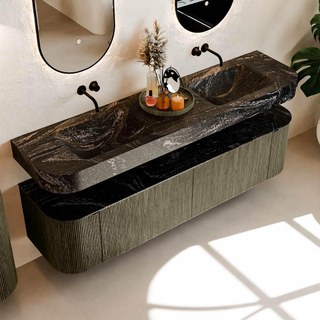 MONDIAZ THOR-DLUX 180cm meuble de salle de bains arrondi gauche + droite couleur Shadow avec 2 tiroirs et 2 portes. Vasque suspendue CLOUD Double sans trou de robinet couleur Lava.