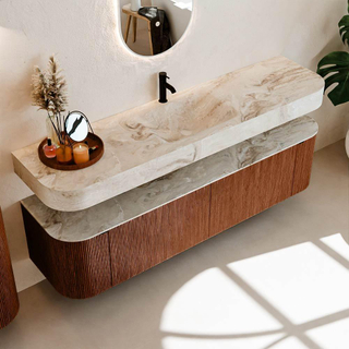 MONDIAZ THOR-DLUX 180cm meuble de salle de bains arrondi gauche + droite couleur Ruby avec 2 tiroirs et 2 portes. Vasque suspendue CLOUD Milieu 1 trou de robinet couleur Frappe.