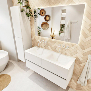MONDIAZ VICA meuble sous lavabo 120cm Talc 4 tiroirs. Lavabo CLOUD double sans trou de robinet, couleur Talc.
