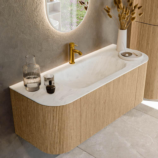 MONDIAZ KURVE-DLUX 120cm Meuble salle de bain avec module 25 G et D - couleur Oak - 1 tiroir - 2 portes - vasque BIG SMALL centre - 1 trou de robinet - couleur Opalo