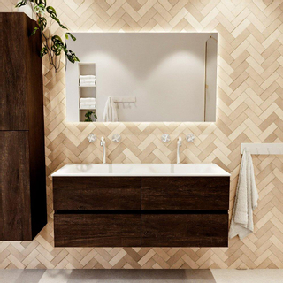 Mondiaz VICA ensemble de meuble de salle de bain - 120cm - meuble sous-vasque marron foncé - 4 tiroirs - lavabo cloud double - 2 trous de robinet - couleur talc - miroir LED - version XL 60cm de haut