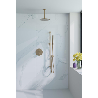 FugaFlow Eccelente Acces Inbouw Regendoucheset - rond - thermostatisch - plafondarm - glijstang - 25cm hoofddouche - staaf handdouche - Geborsteld Messing PVD (Goud)