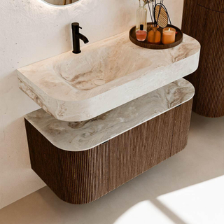 MONDIAZ THOR-DLUX Meuble de salle de bains 100cm arrondi gauche + droite couleur Walnut avec 1 tiroir et 2 portes. Vasque suspendue CLOUD Gauche 1 trou de robinet couleur Frappe.