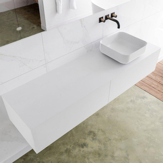 Mondiaz Lagom Meuble salle de bains 160x30.9x45cm Solid Surface Talc 2 tiroirs avec lavabo BINX vasque à poser Droite sans trous de robinet