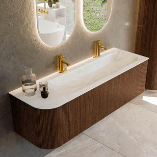 MONDIAZ KURVE-DLUX 145cm Meuble salle de bain avec module 25 G - couleur Walnut - 1 tiroir - 1 porte - vasque BIG LARGE droite - 2 trous de robinet - couleur Ostra