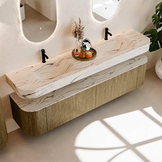 MONDIAZ THOR-DLUX 200cm meuble de salle de bains arrondi gauche + droite couleur Dusk avec 2 tiroirs et 2 portes. Vasque suspendue CLOUD Double 2 trous de robinet couleur Nata.