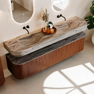 MONDIAZ THOR-DLUX Meuble de salle de bains - 190cm - arrondi gauche + droite - couleur Ruby - 2 tiroirs - 2 portes - Vasque suspendue CLOUD Double sans trou de robinet - couleur Sombra