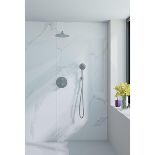 Fortifura Calvi Ensemble de douche à encastrer - rond - thermostatique - bras mural - douche principale de 25 cm - douchette ronde - flexible lisse - Acier inoxydable brossé PVD (inox)