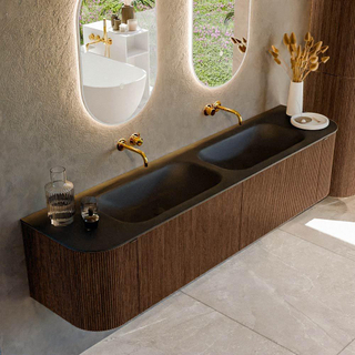 MONDIAZ KURVE 190cm Meuble salle de bain avec module 25 G et D - couleur Walnut - 2 tiroirs - 2 portes - vasque BIG SMALL double - sans trous de robinet - Urban