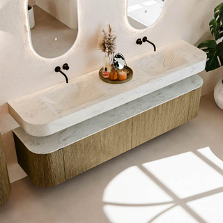 MONDIAZ THOR-DLUX Meuble de salle de bains - 200cm - arrondi gauche + droite - couleur Dusk - 2 tiroirs et 2 portes - Vasque suspendue CLOUD Double sans trou de robinet - couleur Opalo