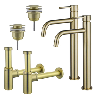 FugaFlow Eccelente Sobrado Slim Kit robinet lavabo - pour double vasque - robinet rehaussé - bonde clic clac - siphon design - Laiton brossé PVD