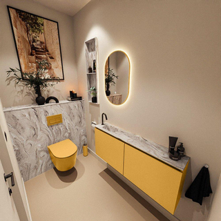 MONDIAZ TURE-DLUX Meuble toilette - 120cm - Ocher - EDEN - vasque Glace - position gauche - 1 trou de robinet