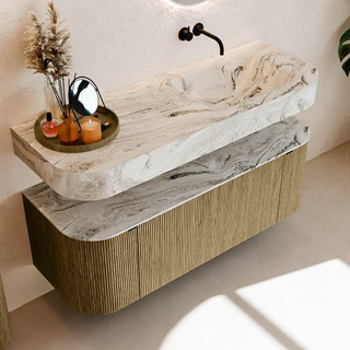 MONDIAZ THOR-DLUX 130cm meuble de salle de bains arrondi gauche + droite couleur Dusk avec 1 tiroir et 2 portes. Vasque suspendue CLOUD droite sans trou de robinet couleur Glace.