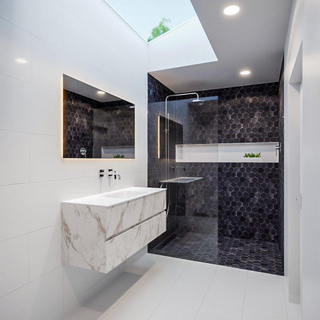 ENSEMBLE DE MEUBLE MONDIAZ VICA - 120cm - 2 tiroirs - lavabo Cloud au centre - 0 trous de robinet - solid surface en marbre Carrara