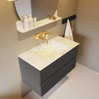 Mondiaz VICA-DLUX Ensemble de meuble de salle de bain - 90cm - meuble sous-vasque gris foncé - 2 tiroirs - lavabo encastré nuage milieu - sans trous de robinet - version haute 60cm - ostra