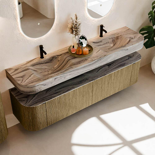 MONDIAZ THOR-DLUX Meuble de salle de bains 190cm arrondi gauche + droite couleur Dusk avec 2 tiroirs et 2 portes. Vasque suspendue CLOUD Double 2 trous de robinet couleur Sombra.