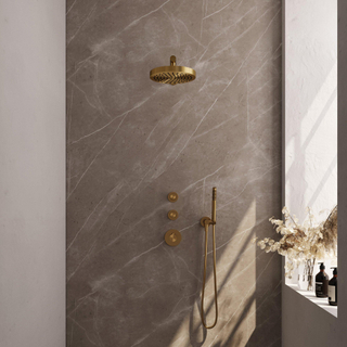 BRAUER Stripe Thermostatische Inbouw Regendouche - SET 01 - 25cm douchekop - rechte muurarm - staaf handdouche - doucheslang - wandaansluitbocht - goud geborsteld PVD