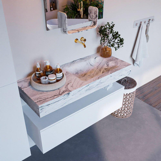 Mondiaz ALAN-DLUX Ensemble de meuble - 110cm - meuble Talc mat - 1 tiroir - Lavabo Cloud Glace suspendu - vasque Droite - 0 trous de robinet