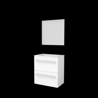 Basic-Line meuble de salle de bain encadré 39 ensemble 60x39cm avec poignées 2 tiroirs vasque acrylique 0 trous de robinetterie miroir noir mat cadre aluminium tout autour mdf laqué blanc glacier