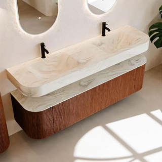 MONDIAZ THOR-DLUX Meuble de salle de bains 170cm arrondi gauche + droite couleur Ruby avec 1 tiroir et 2 portes. Vasque suspendue CLOUD Double 2 trous de robinet couleur Ostra.