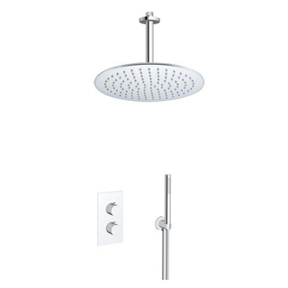 Fortifura Calvi Ensemble de douche pluie encastrable - thermostatique - bras plafond - pommeau 25cm - douchette stick - flexible en métal - Chrome