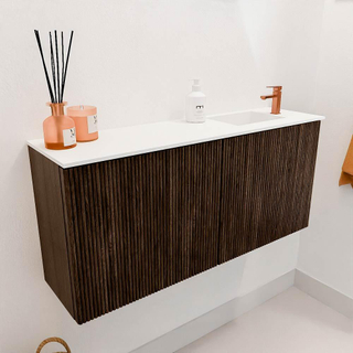 Mondiaz JOYA 90cm toiletmeubel - kleur Walnut - Wastafel FAYE positie Rechts 1 kraangat kleur Talc.