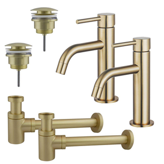 FortiFura Calvi Kit robinet lavabo - robinet bas - bonde clic clac - siphon design bas - Laiton brossé PVD