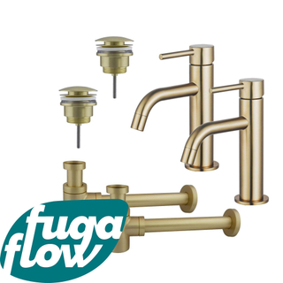 FugaFlow Eccelente Sobrado Badkamer Slim Wastafelkraanset - voor dubbele wastafel - lage wastafelkraan - klikwaste plug - verlaagde design sifon - PVD Geborsteld Messing