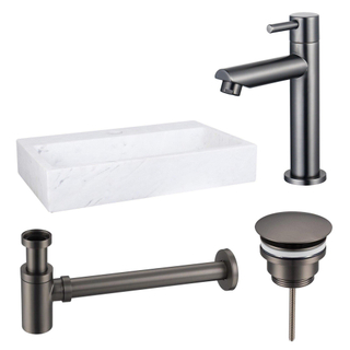 FugaFlow Eccelente Pietra ensemble de lavabo - 38x24x8cm - 1 trou de robinet - marbre - robinet de lavabo gunmetal - blanc