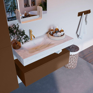 Mondiaz ALAN-DLUX Ensemble de meuble - 100cm - meuble Rust mat - 1 tiroir - Lavabo Cloud Opalo suspendu - vasque Gauche - 1 trou de robinet