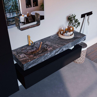 Mondiaz ALAN-DLUX Ensemble de meuble - 150cm - meuble - Urban mat - 1 tiroir - Lavabo Cloud Lava suspendu - vasque gauche - 1 trou de robinet - Noir
