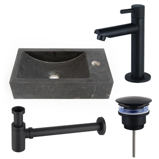 Saniclass Fuente ensemble lavabo - 40x22 - 1 trou de robinet - droite - pierre naturelle - robinet de lavabo noir mat - foncé