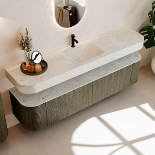 MONDIAZ THOR-DLUX Meuble de salle de bains - 190cm - arrondi gauche + droite - couleur Shadow - 2 tiroirs - 2 portes - Vasque suspendue CLOUD Milieu 1 trou de robinet - couleur Opalo