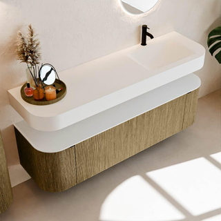 MONDIAZ THOR 160cm meuble de salle de bains arrondi gauche + droite couleur Dusk avec 1 tiroir et 2 portes. Vasque suspendue CLOUD Droite 1 trou de robinet couleur Talc.