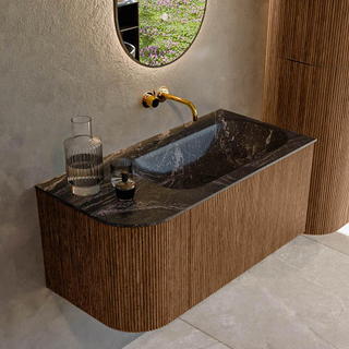 MONDIAZ KURVE-DLUX 95cm Meuble salle de bain avec module 25 G - couleur Walnut - 1 tiroir - 1 porte - vasque BIG SMALL droite - sans trou de robinet - couleur Lava