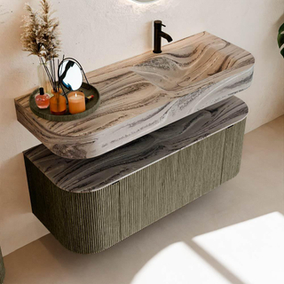 MONDIAZ THOR-DLUX Meuble de salle de bains 120cm arrondi gauche + droite couleur Shadow avec 1 tiroir et 2 portes. Vasque suspendue CLOUD Droite 1 trou de robinet couleur Sombra.