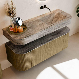 MONDIAZ THOR-DLUX 130cm meuble de salle de bains arrondi gauche + droite couleur Dusk avec 1 tiroir et 2 portes. Vasque suspendue CLOUD Droite sans trou de robinet couleur Oza.