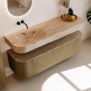 MONDIAZ THOR-DLUX 150cm meuble de salle de bains arrondi gauche + droite couleur Dusk avec 1 tiroir et 2 portes. Vasque suspendue CLOUD Gauche sans trou de robinet couleur Arena.