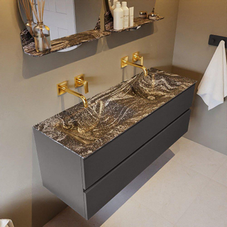 Mondiaz VICA-DLUX ensemble de meuble de salle de bain - 130cm - meuble sous-vasque gris foncé - 2 tiroirs - lavabo encastré cloud double - sans trous de robinet - version haute de 60cm - lave